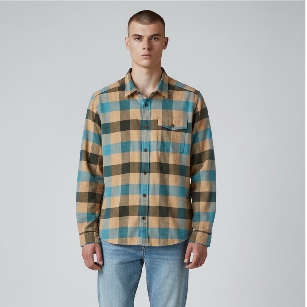 Patagonia Fjord Flannel‎ Shirt Mens Large Blue Tan Organic Cotton Plaid EUC